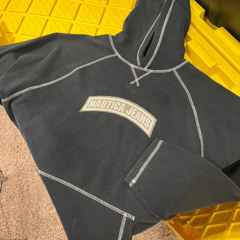 Nautica Jeans Hoodie Mens Large Black Contrast Stitch Vintage Raglan Pullover